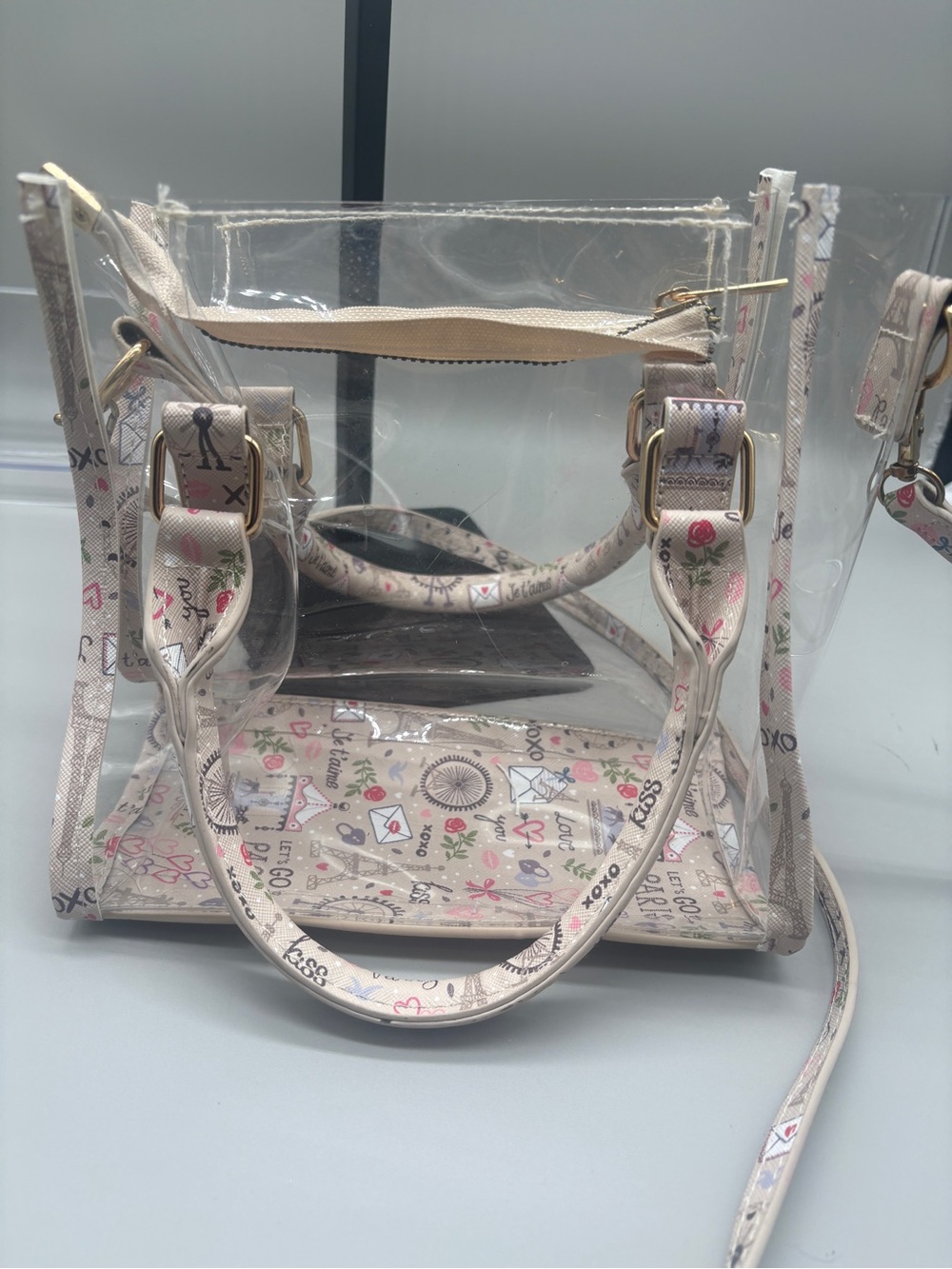 XOXO Clear PVC Paris Print Crossbody Satchel Bag Gold Hardware